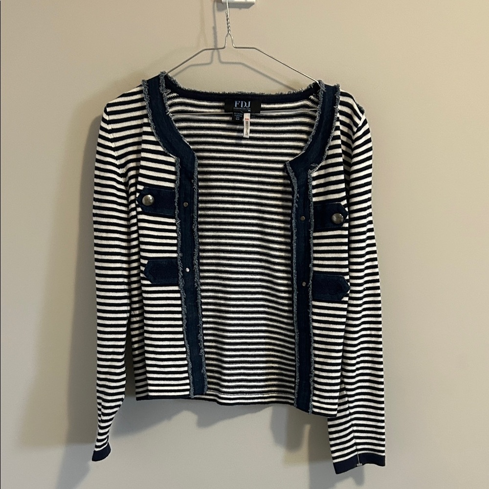 FDM Women's Striped Sweater - Blue and White with denim detail